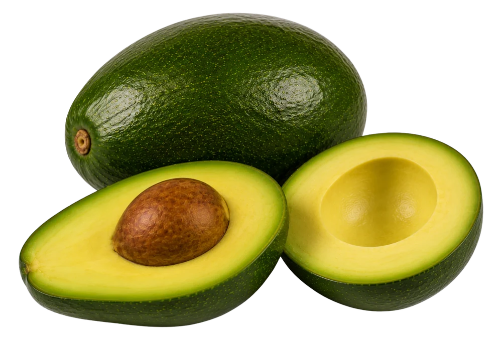Aguacate Choquette entero y en mitades, de gran tamaño y pulpa abundante
