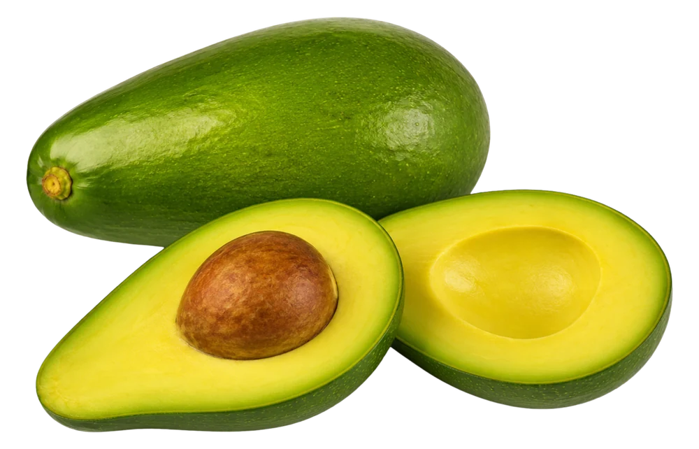 Aguacate Papelillo entero y en mitades, mostrando su pulpa cremosa