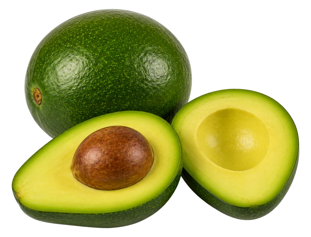 Aguacate Reed entero y en mitades, de forma redonda y pulpa abundante