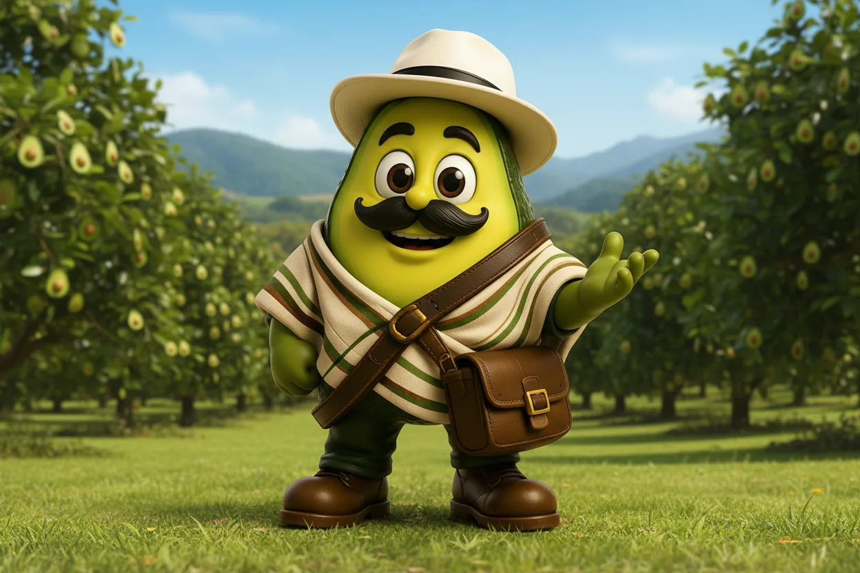 Don Avocado saludando en un cultivo de aguacates en Antioquia, origen de Fruttos de la Tierra, con las montañas paisas de fondo