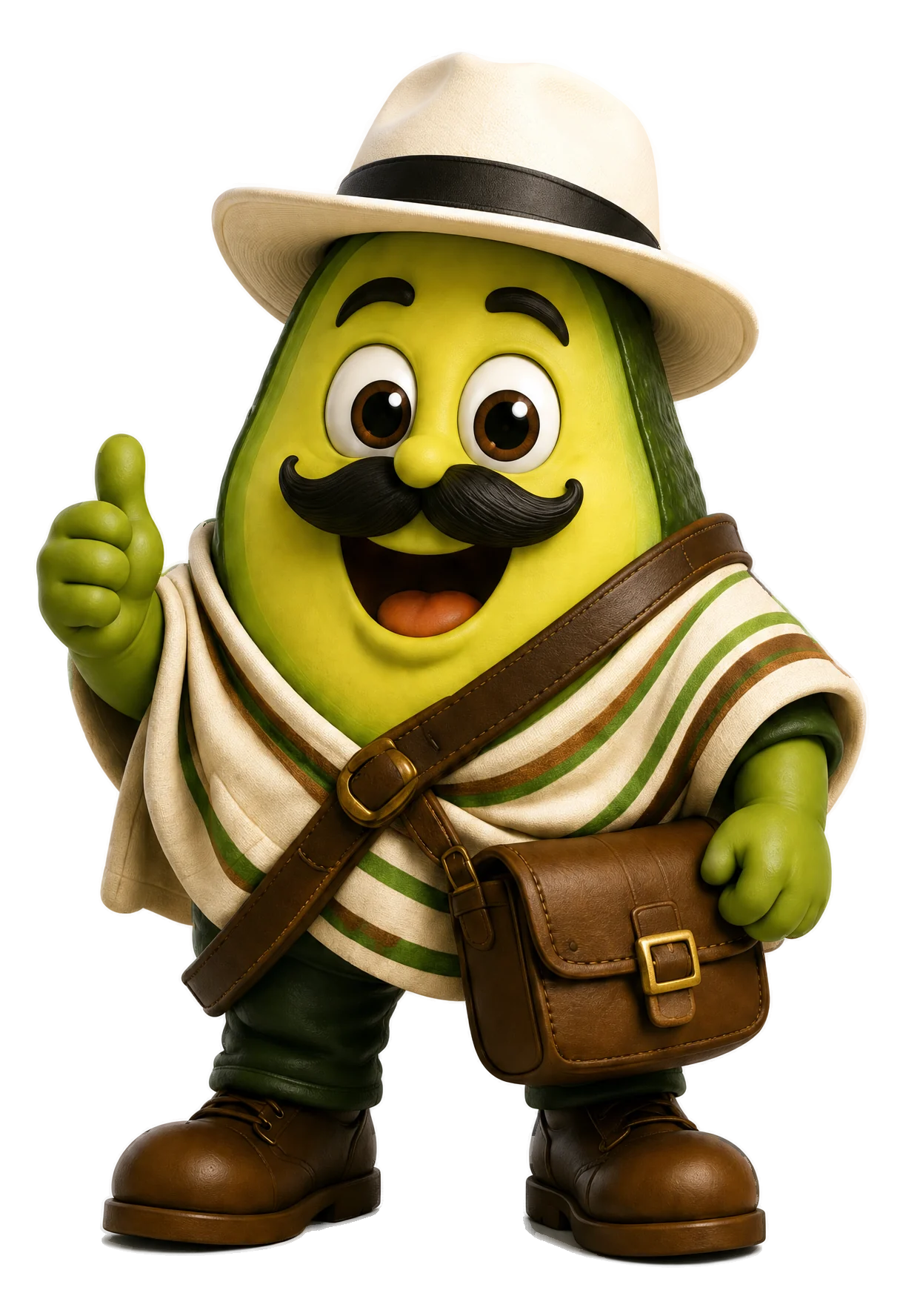 Don Avocado, mascota de la marca de aguacates a domicilio en Medellín, aguacate con sombrero aguadeño, poncho paisa y carriel de cuero, saludando con el pulgar arriba